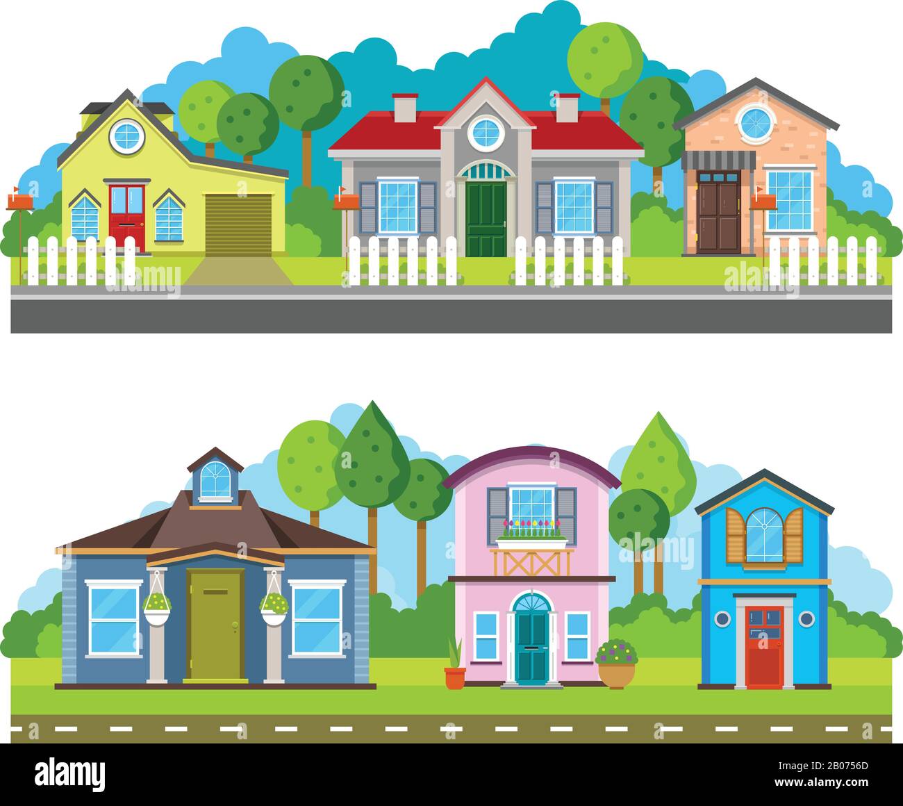 Wohndorf beherbergt flache Vektorgrafiken, urbane Landschaft. Straße mit Gebäudefassade und Grünbäumen Stock Vektor