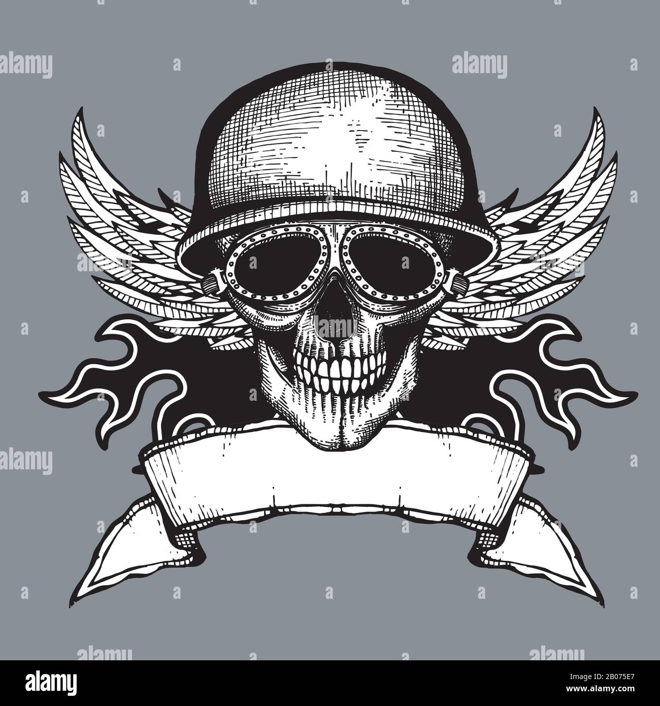 Vintage Skull Grunge Biker-Motorrad-Vektorschild. Schädel im Helm mit Flügelillustration Stock Vektor