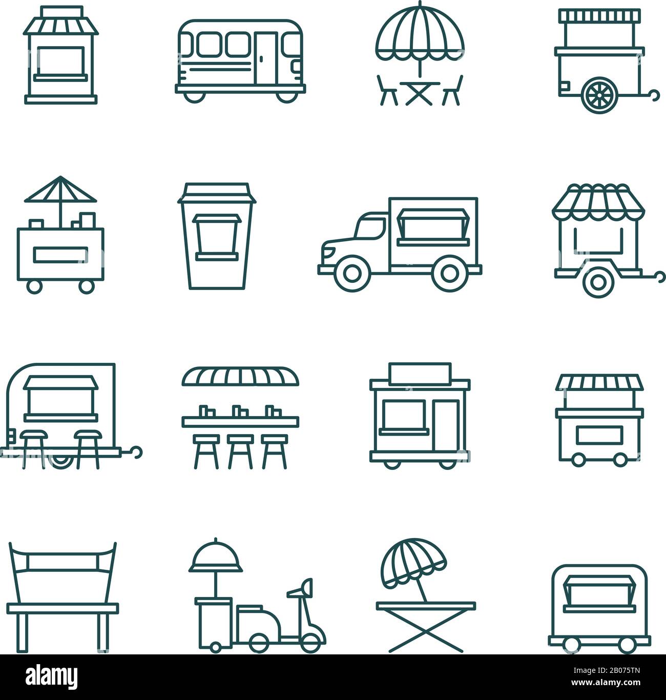 Straßenverkauf, Vektor-Symbole für LKW-Linien. Fassade Mobile Café und Restaurant Illustration Stock Vektor