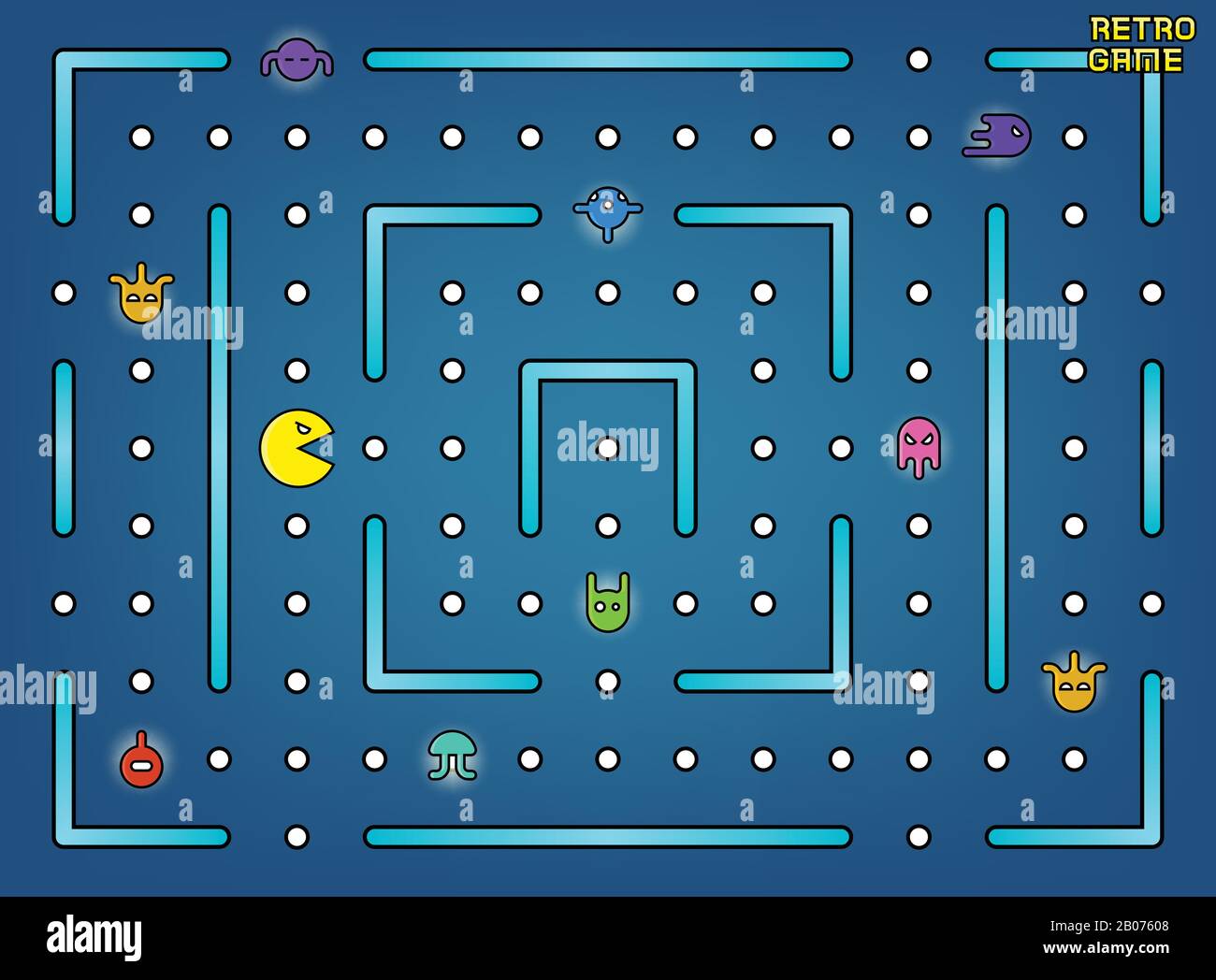 Pacman wie Videospiele mit Geistern, Labyrinth und Benutzeroberflächenvektor. Retro-Spiel mit Zeichentrick-Monsterillustration Stock Vektor