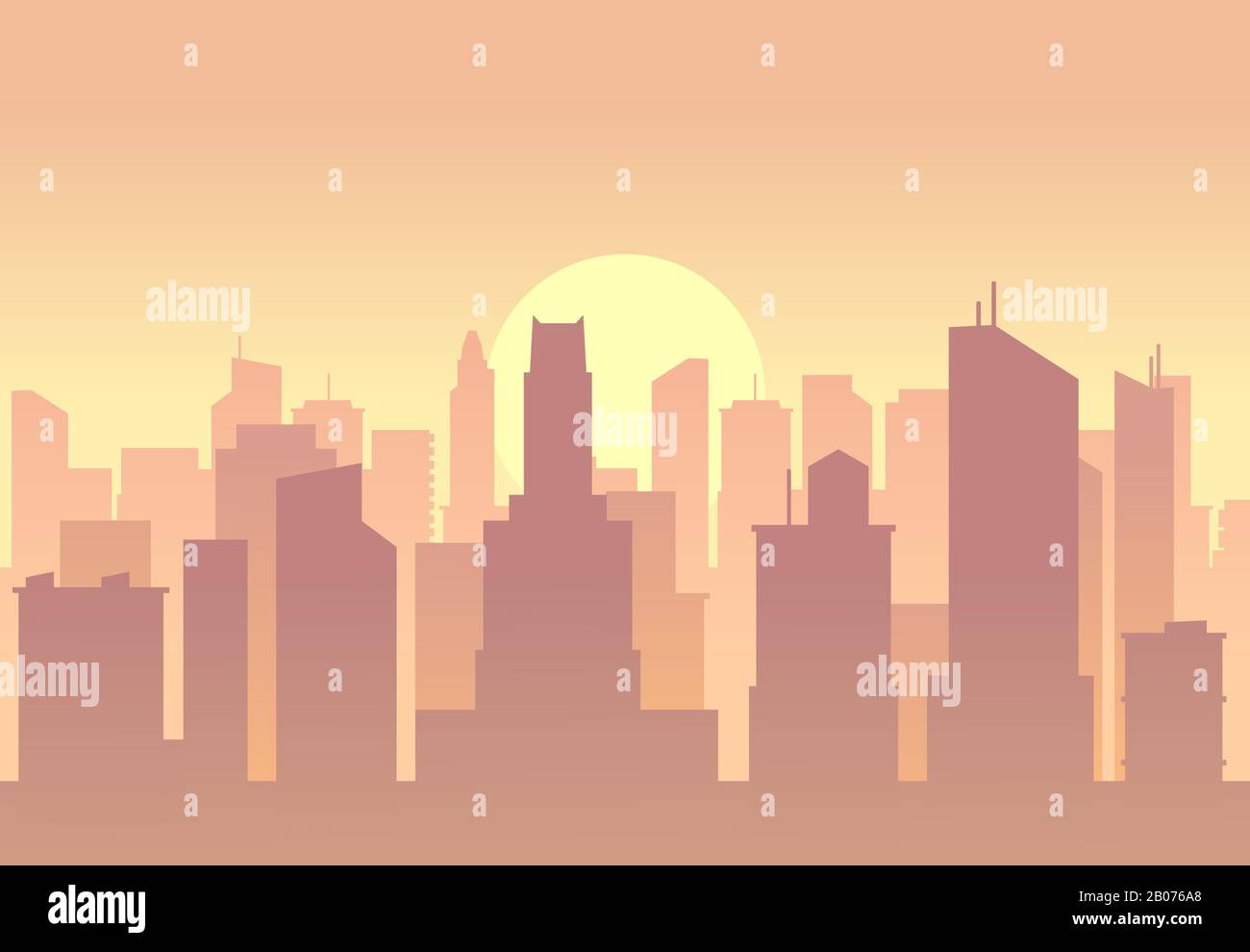 Vector City flache Skyline. Abbildung: Urbanes Panorama - Sonnenaufgang oder Sonnenuntergang Stock Vektor