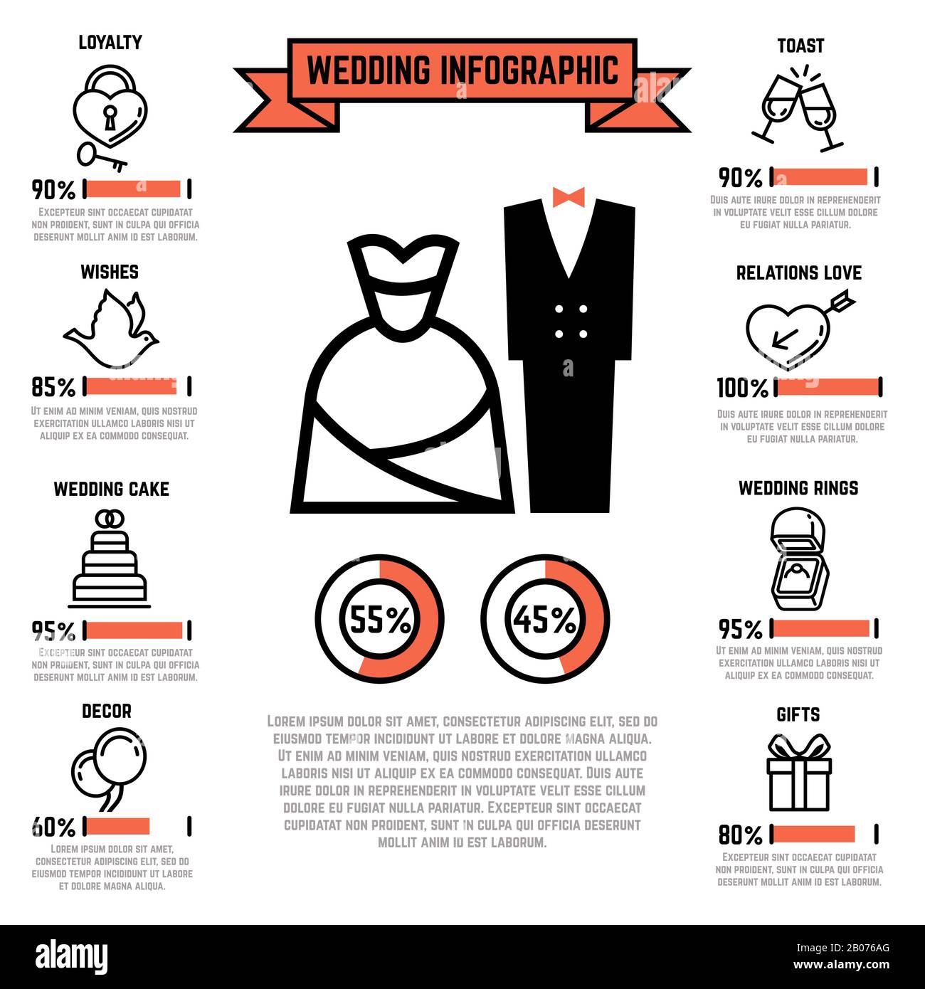Infografiken zu Hochzeitsvektoren mit Heiraten- und brautflaches. Event-Zeremonie, Herzliebe und Festillustration Stock Vektor