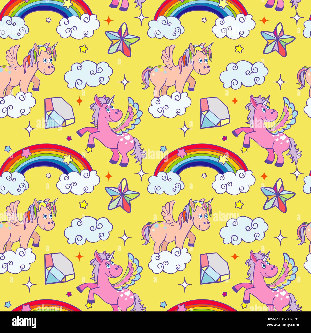 Miracle Einhorn Wizard nahtloser Hintergrund. Süßes Pony mit farbigem Regenbogen. Vektorgrafiken Stock Vektor