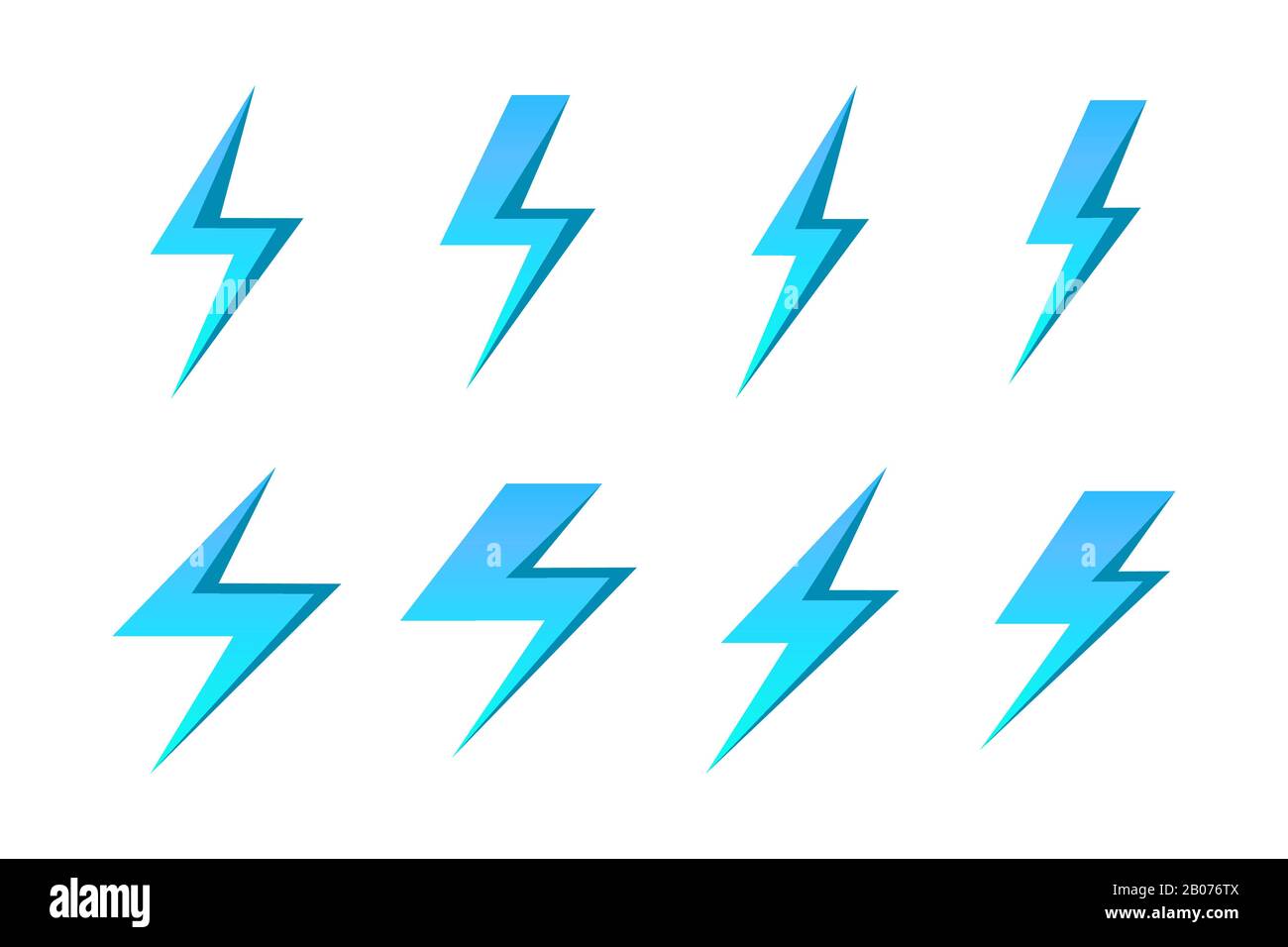 Satz blauer Blitze isoliert über weißem Hintergrund. Vektorgrafiken Stock Vektor