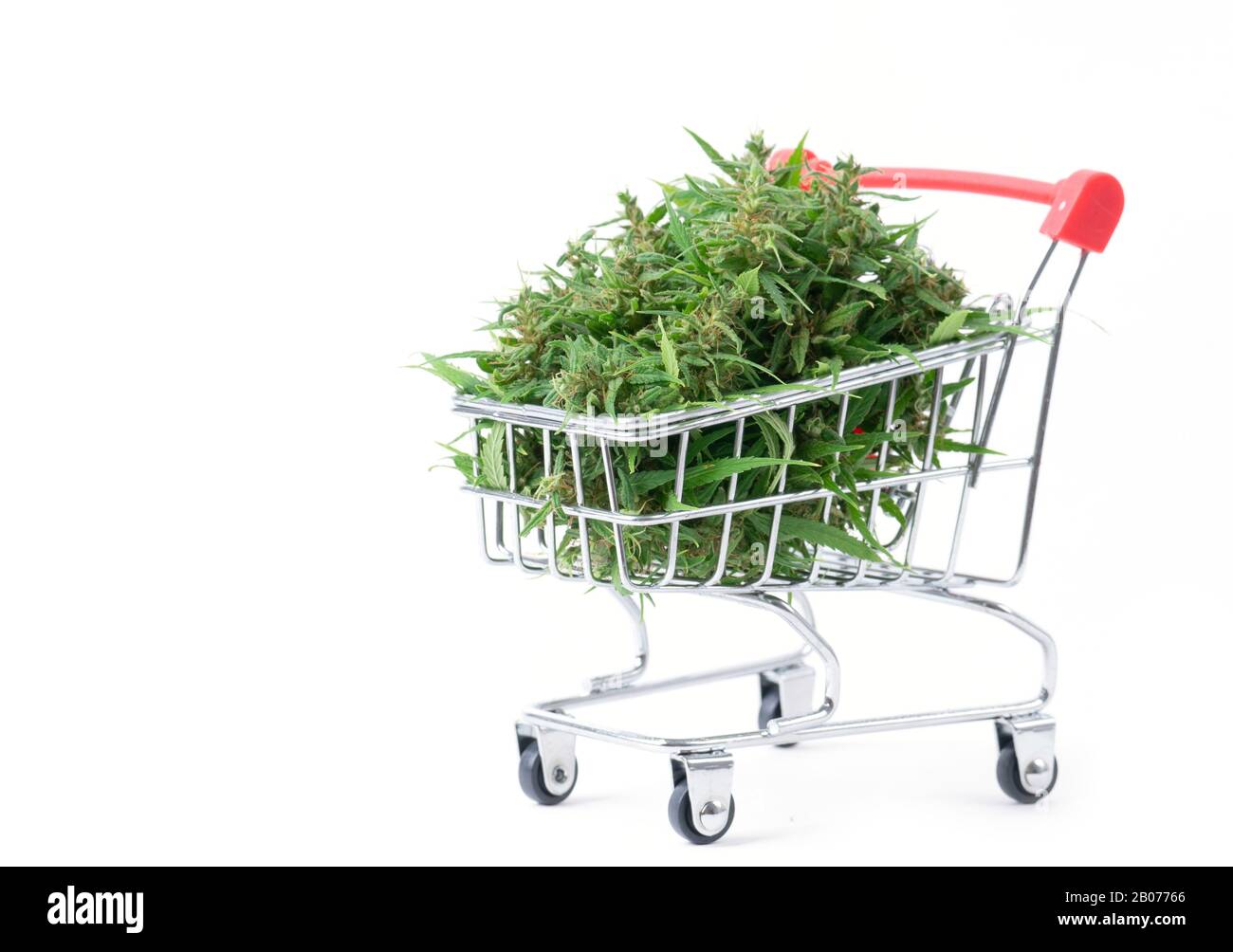Frische Marihuana-Blume im Warenkorb isoliert auf weißem Hintergrund Stockfoto