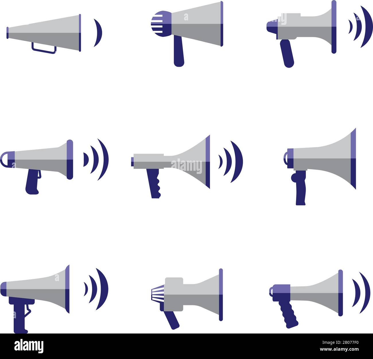 Bullhorn und Megafon, Kommunikation, Sound, Lautsprecher Vektor-Flat-Icons gesetzt. Illustration für Musikwiederversteller Stock Vektor
