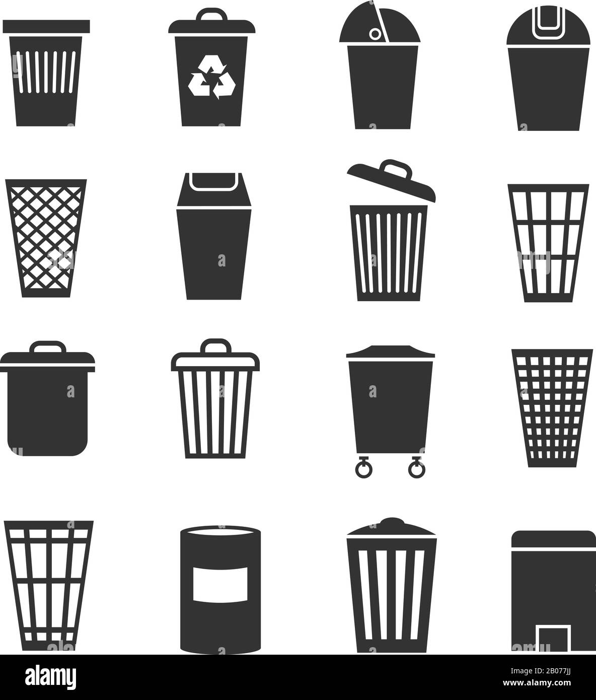 Papierkorb, Abfallkorb, Papierkorb, Vektorsymbole für Mülleimer. Mülleimer und Behälter, Abbildung mit Trashcan-Eimern Stock Vektor