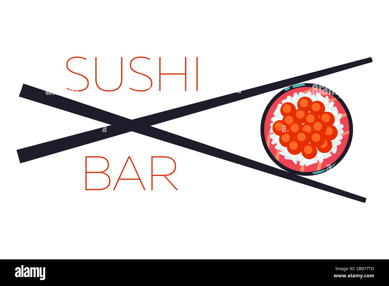 Vektorvorlage für Sushi Bar Food Logo. Japanische Mahlzeit mit Essstäbchen Illustration Stock Vektor