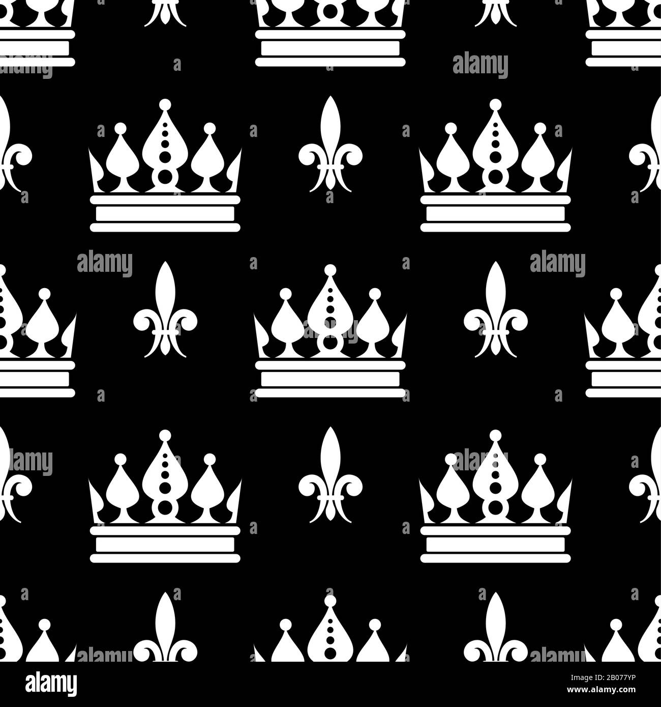 Vektor-Kronen und Fleur de LIS nahtloses Muster in monochromer Darstellung Stock Vektor