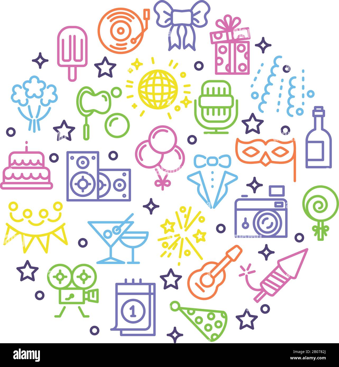 Event, Party, Unterhaltung, fröhliche weihnachts-outline-Vektorsymbole im Kreisdesign. Feuerwerk zu Geburtstag und Hochzeit, Konfetti- und Eiscreme-Illustration Stock Vektor