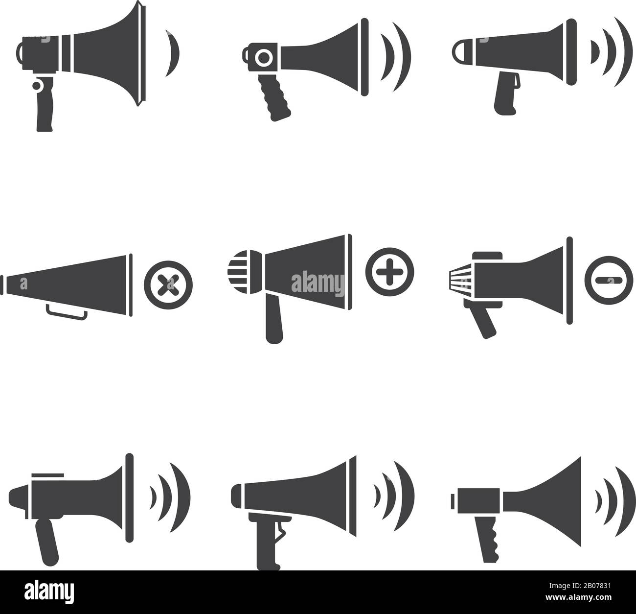 Megafon und Lautsprecher, Audiolautsprecher, Vektor-Symbole für Lautstärke. Abbildung des Netzschalters Stock Vektor