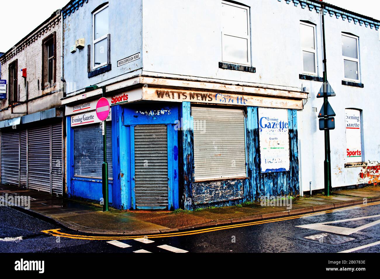 Geschlossene Newsagenten, South Bank, Middlesbrough, Cleveland, England Stockfoto