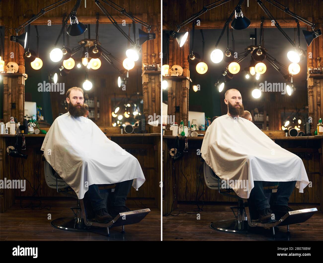 Collage Portraitfoto des Mannes sitzt im Friseurstuhl. Das Aussehen der Männer im barber Shop ändert sich. Genießen Sie den Besuch des modernen barber Shops. Vergleich vor und nach. Schönheit und Unhöflichkeit der Männer. Stockfoto