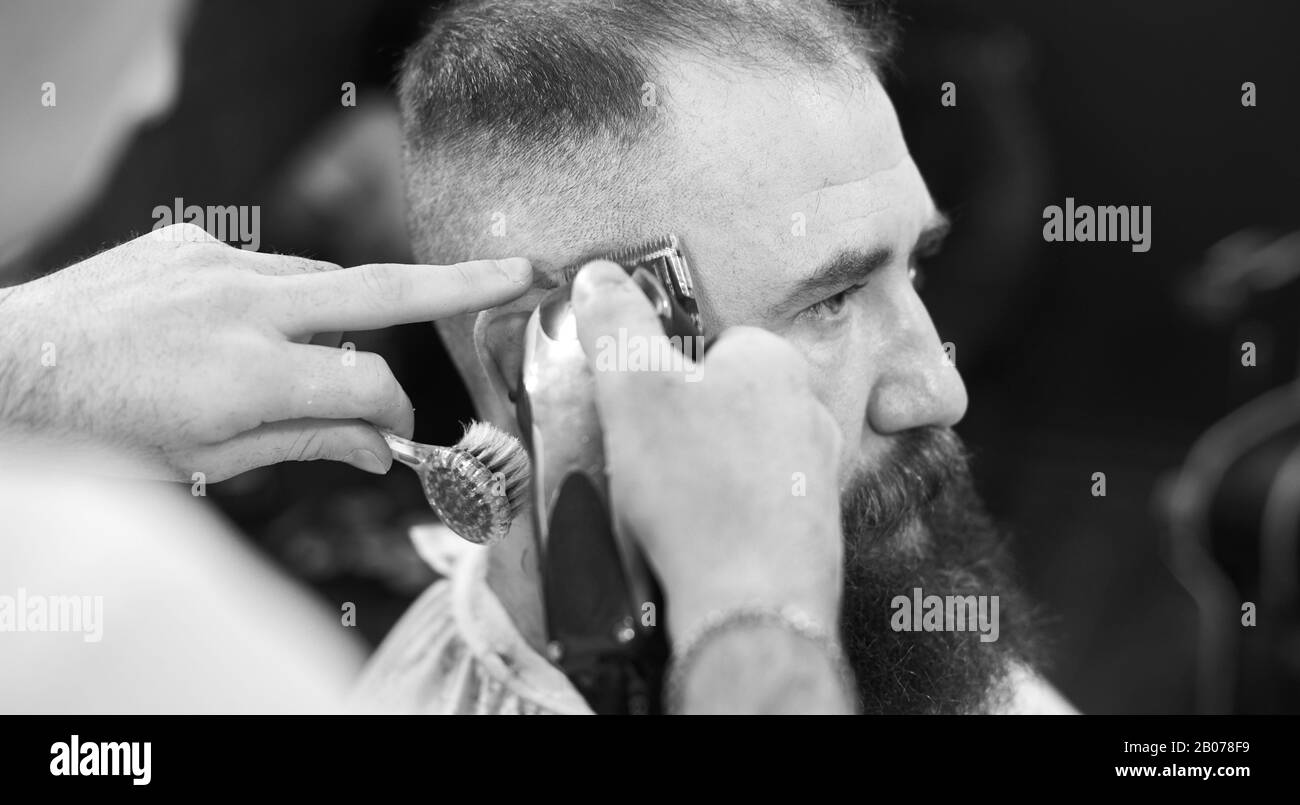 Seitenansicht Porträt eines erwachsenen dunkelhaarigen bärtigen Mannes in modernem Barbershop während des Haarschneidens mit elektrischem Rasiermesser. Professionelle Werkzeuge und Accessoires in barbers Händen. Schwarz-Weiß-Bild Stockfoto