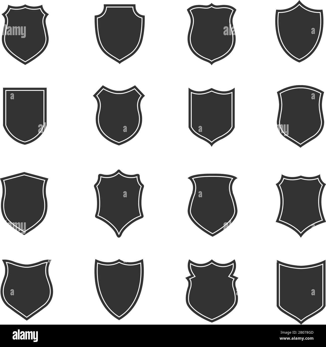Schildervektor-Silhouetten für Etiketten und Embleme, Sicherheitskennzeichen. Abbildung der Schutzsymbole und mittelalterlichen Elemente Stock Vektor