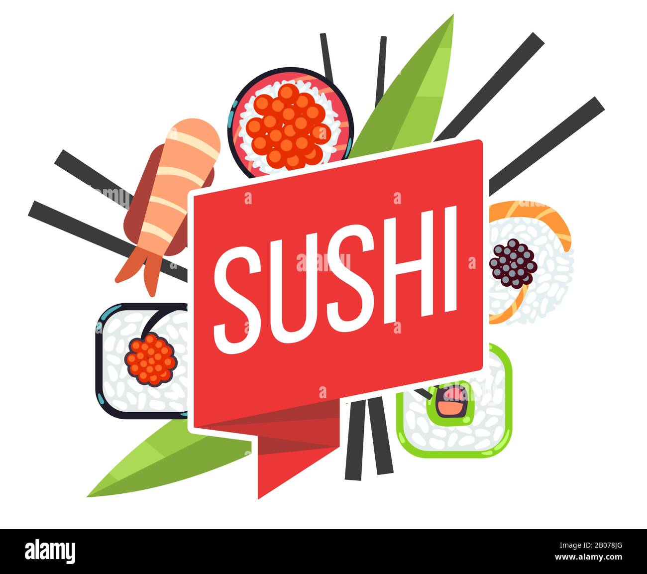 Japanische Vorlage für Vektorgrafiken im Sushi-Menü. Emblem mit Lebensmitteln und Farbband Stock Vektor