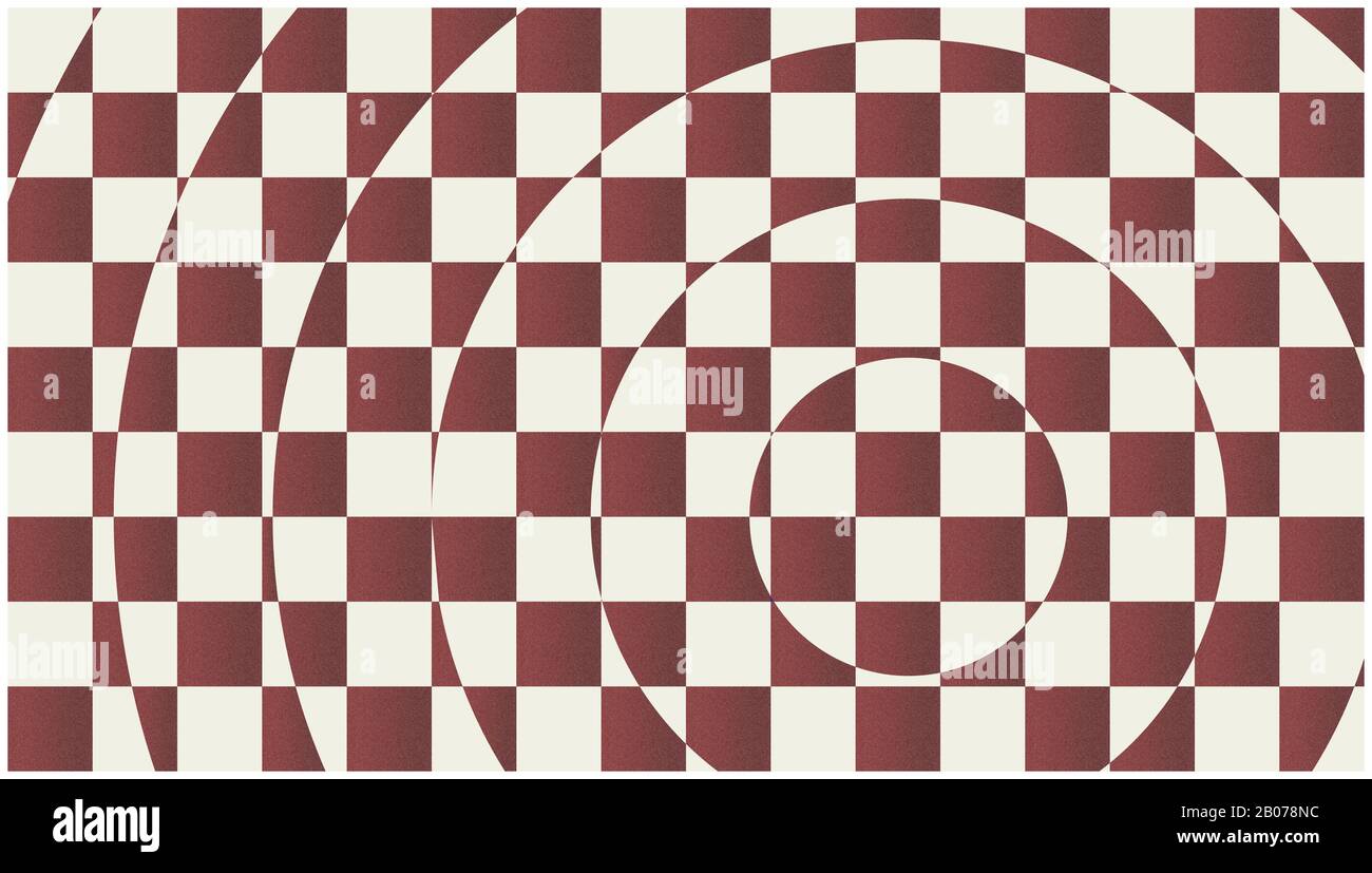 Modernes, minimalistisches geometrisches Kunstwerk. Kreise und eckige karierte Muster Hintergrund/Textur, Op Art (optischer Kunststil). Brauner flacher Desig Stockfoto
