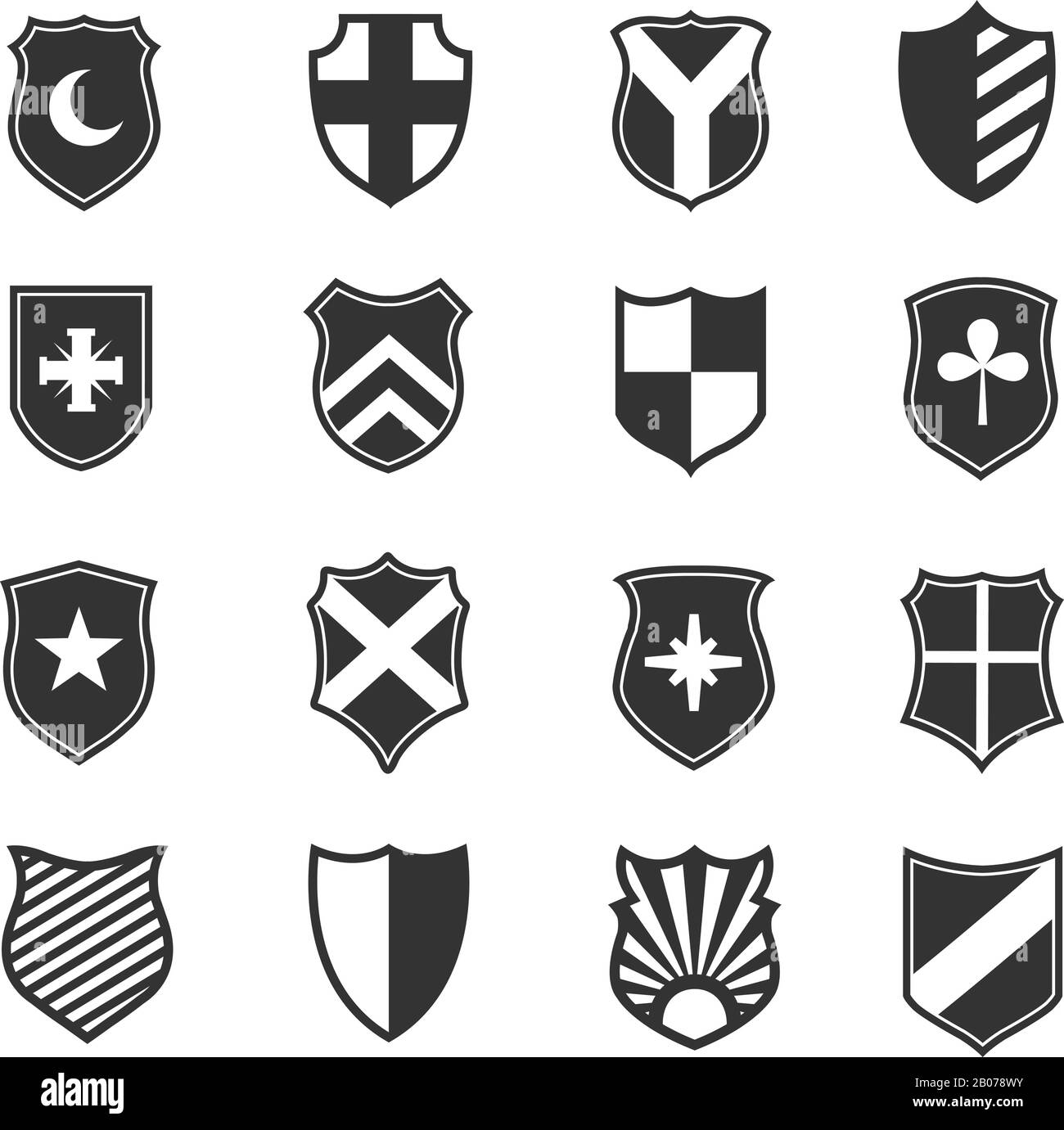 Vektorsymbole für Schutzschilde. Mittelalterlichen Emblemen mit Heraldik Illustration Stock Vektor