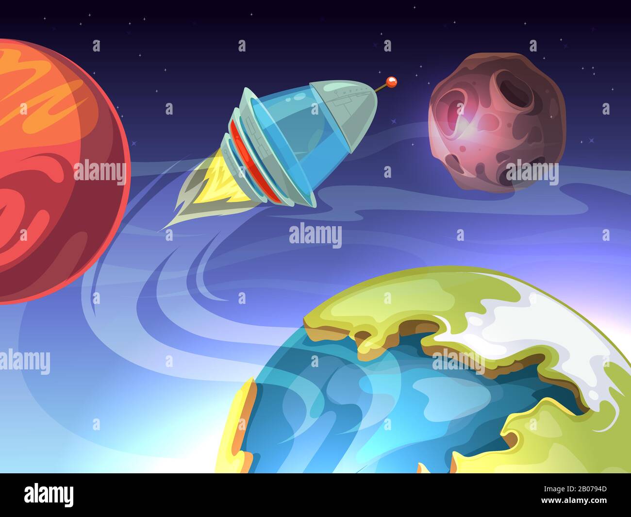 Comic-Hintergrund des Weltraumvektors mit Raumschiff und Planeten. Rakete in Galaxie, Satellit in Kosmos Illustration Stock Vektor