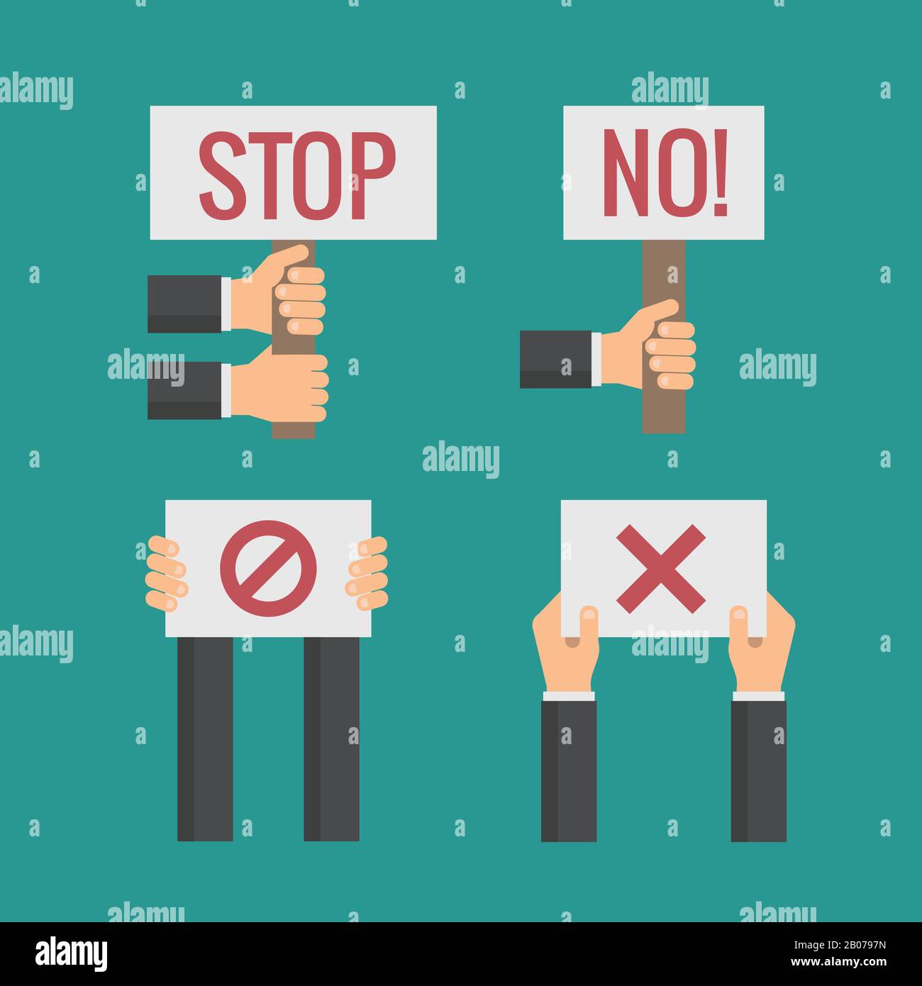 Hände halten Nein, Stopp, Kreuz, Verbotene Protestschilder. Vektor-Flachsatz. Revolution und Einwände, Seite mit Textabbildung Stock Vektor