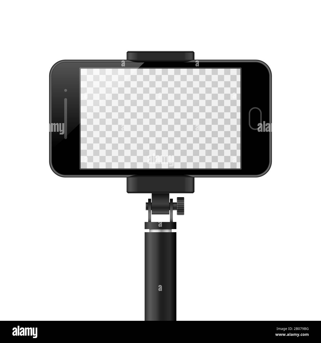 Smartphone-Vektor-Vorlage mit leerem Bildschirm und Monopod. Selfie, Selbstporträt-Mockup. Modernes Gadget mit Stick für Fotoabbildung Stock Vektor