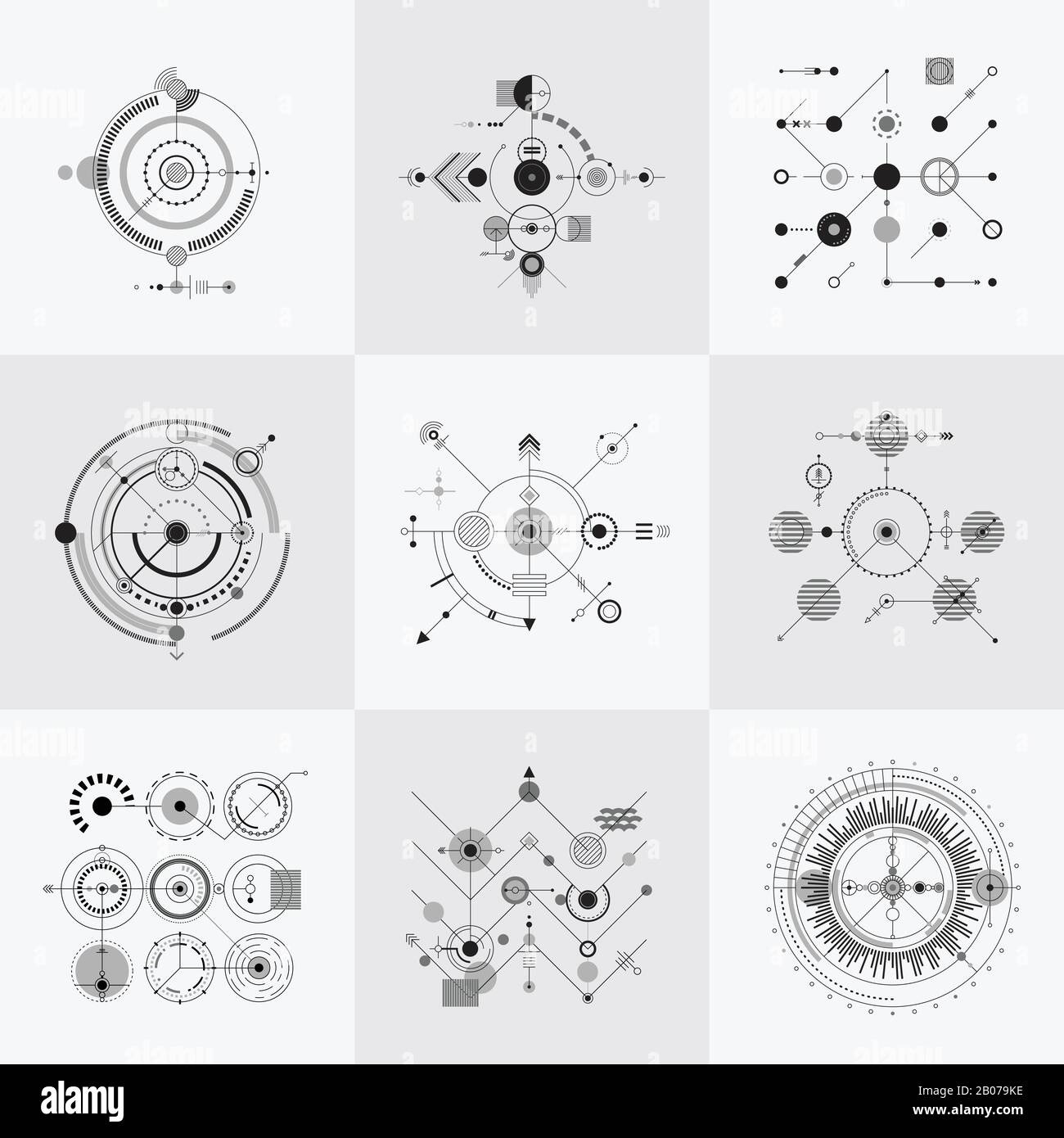 Wissenschaftliche bauhaus-technologie Kreisgittervektor-Set. Abbildung des geometrischen Musters der Struktur Stock Vektor