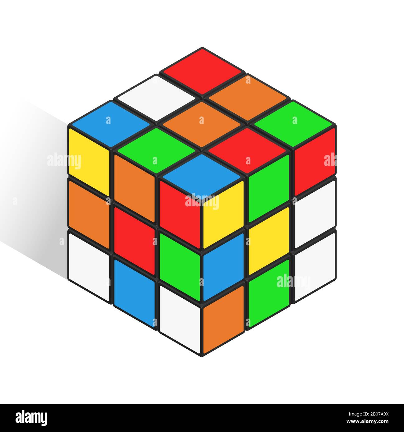 Isometrischer Logikwürfel Spielzeugvektor Symbol ähnlich rubik Würfel. Quadratisches Farbspielzeugobjekt mit logischer Konstruktionszeichnung Stock Vektor