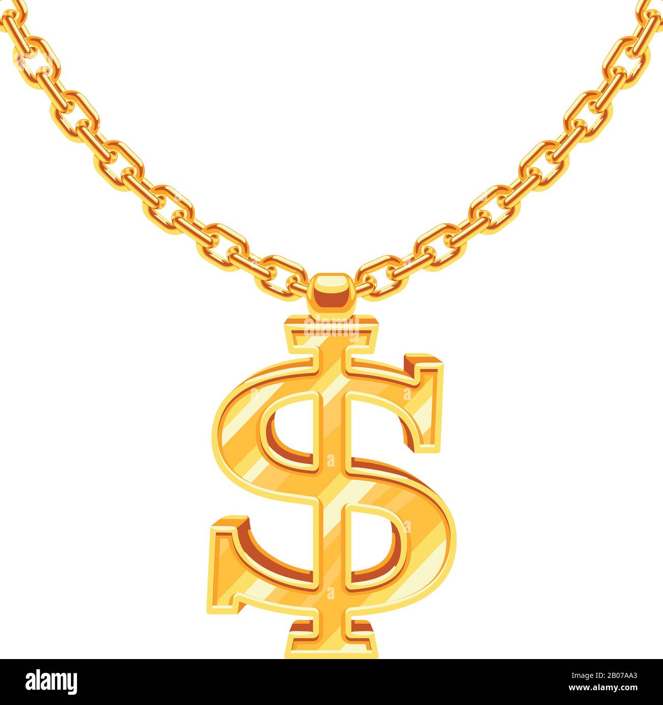 Golddollar auf goldenem Kettenvektor Hip-Hop-Kette im Rap Stil. Amerikanische Geld- und Finanz-Luxus-Illustration Stock Vektor