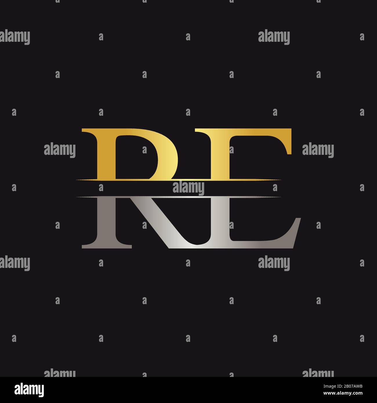 Vektorvorlage für abstraktes Letter-RE-Logo. Kreatives Design mit Gold- und Silberfarben UND Logo Stock Vektor