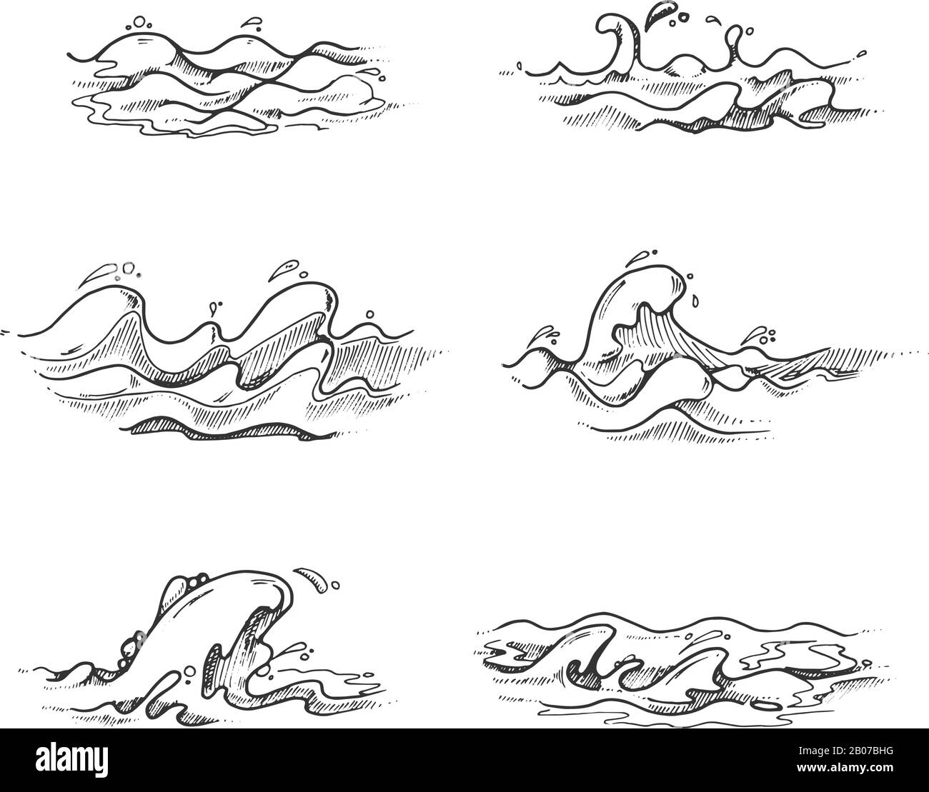 Meer- und Ozeanwellen, Wasserspritzer in Vektorhand gezeichnet, Skizze, Doodle-Stil. Abbildung: Gewellte Bewegung des Seesturms Stock Vektor