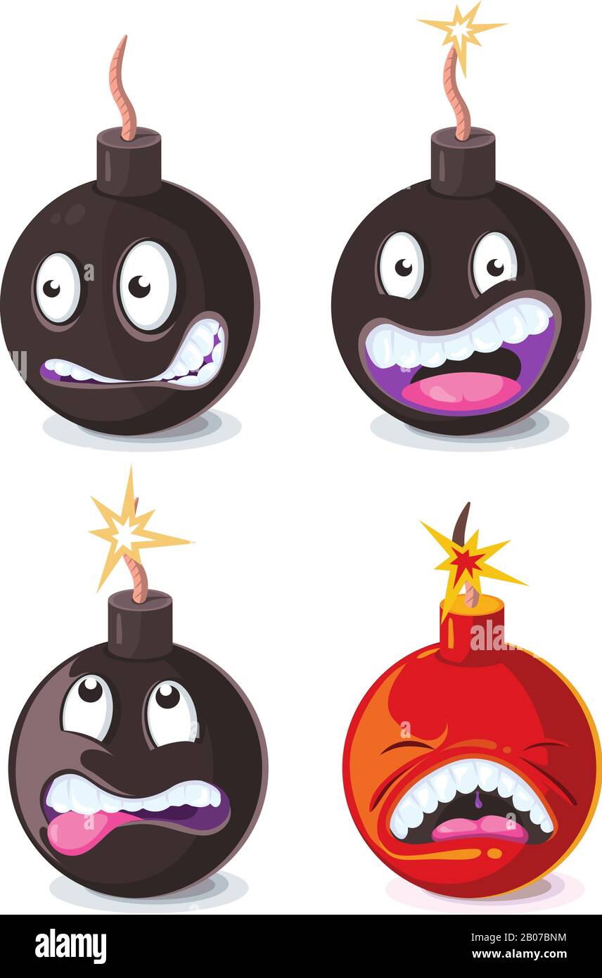 Lustige Cartoon Wicked Bombs Emoji-Vektor-Illustration. Animationszeichenbombe Stock Vektor