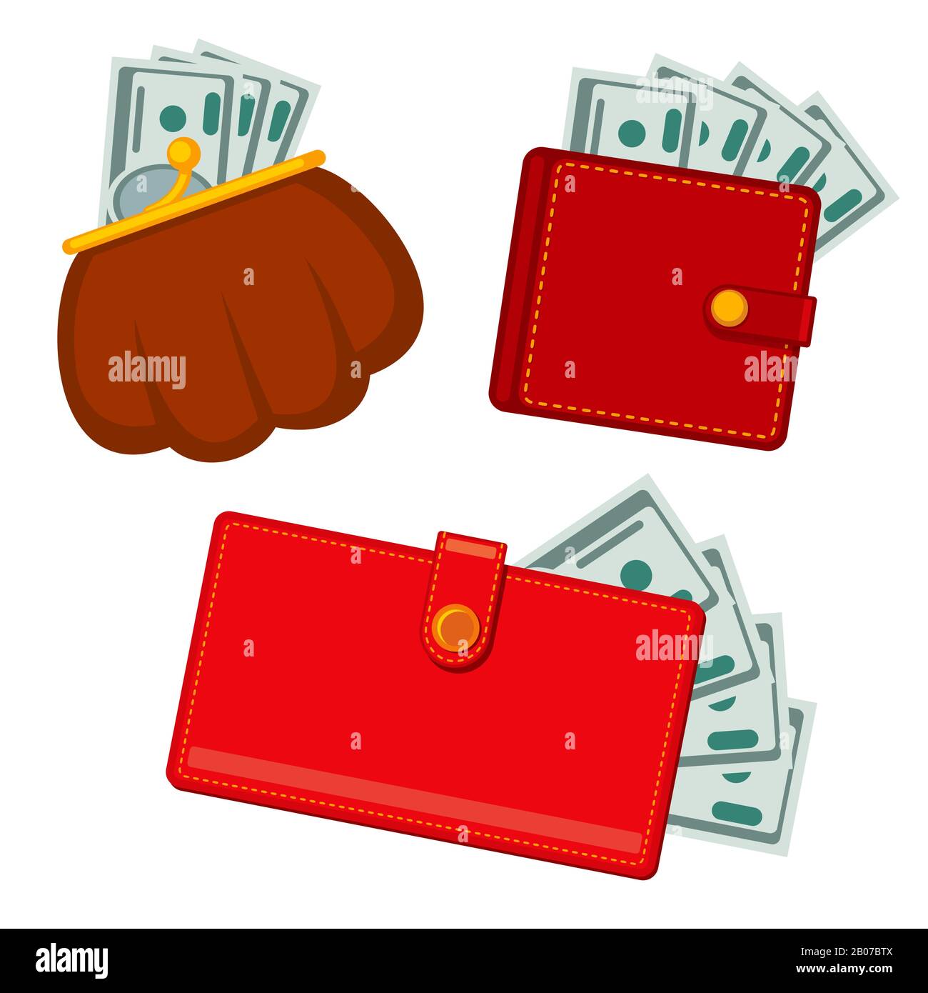 Brieftasche mit Geld, grünen Dollar, Gewinn-Vektor-Flachsymbole. Abbildung: Finanzmitteleinnahme Stock Vektor