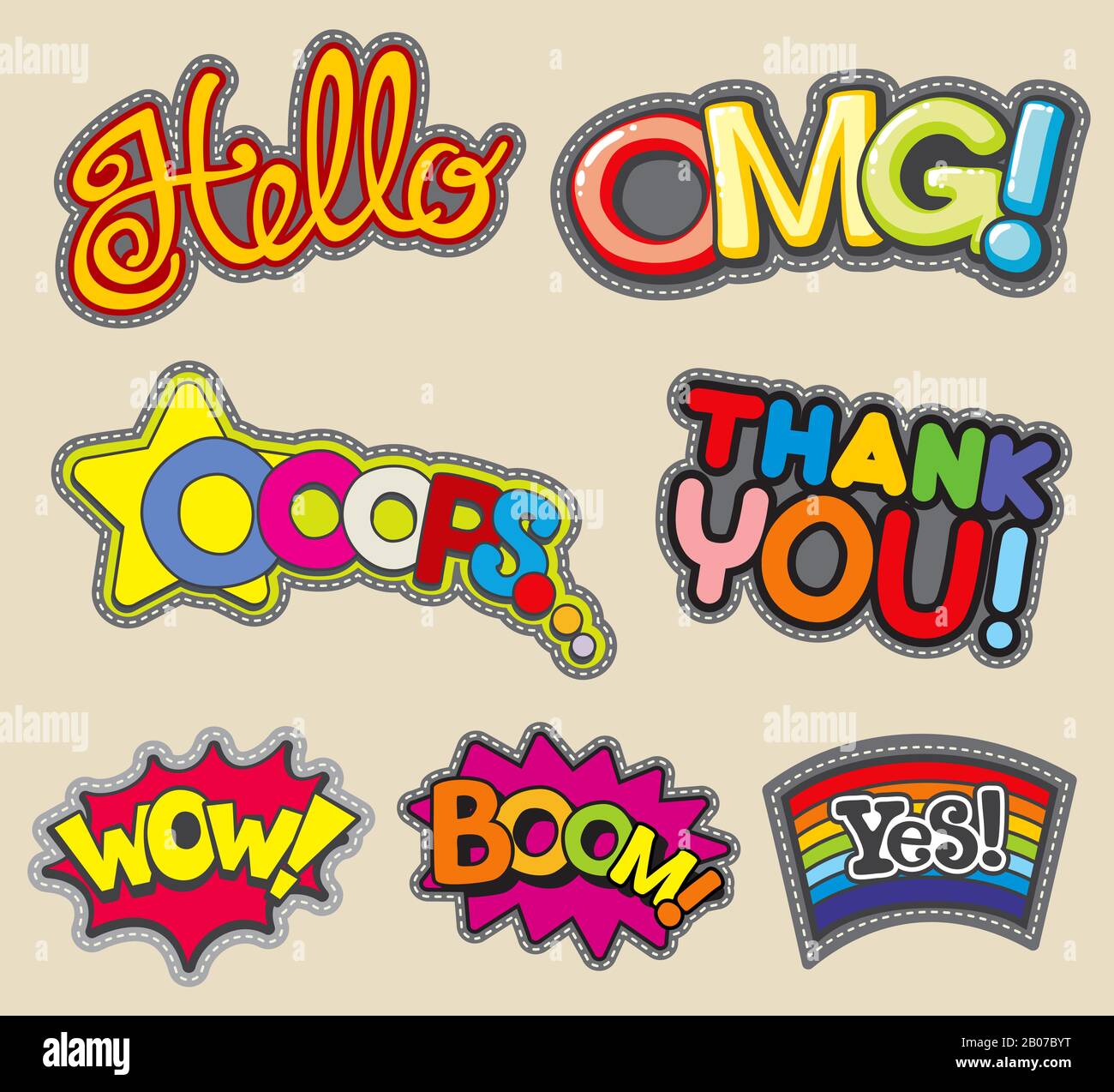 Vector Internetworte Stickerei gestickte Abzeichen, Modeaufkleber Danke und Wow, Boom und Hallo, omg und ja Illustration Stock Vektor
