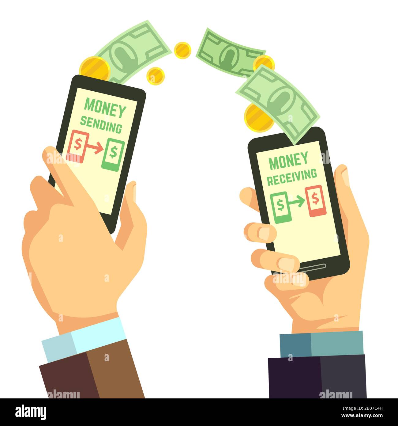 Drahtloses Senden von Geld mit dem Smartphone-Vektor-Banking-Konzept. Abbildung: Eingang und Versand von Zahlungsmitteln Stock Vektor