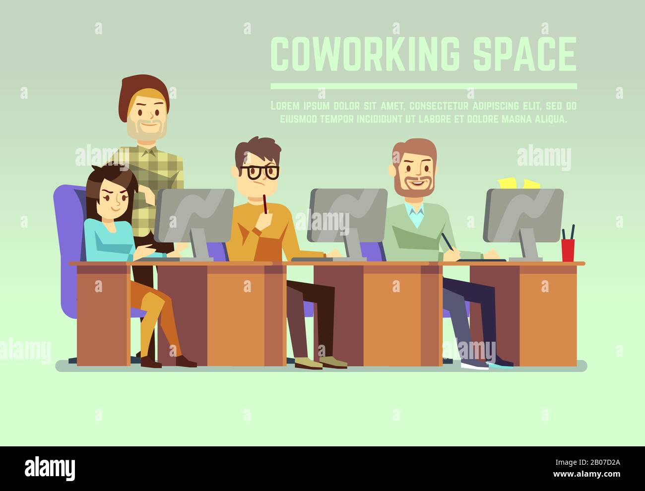 Grafik-Design-Team, das im Büro des Reisebüros arbeitet, mit Vektorgrafiken für Laptops. Programmierung auf dem Computer im Büro Stock Vektor