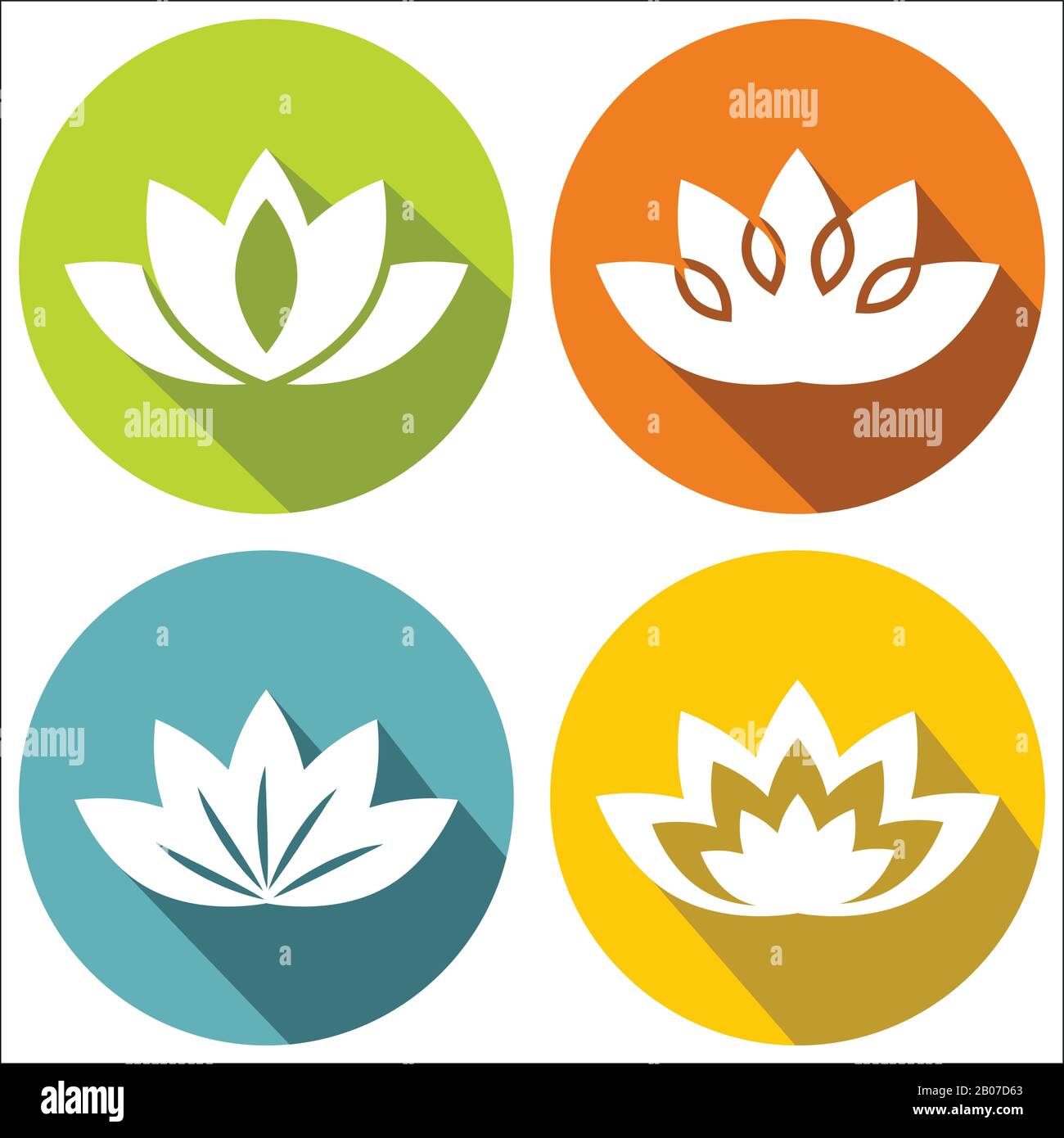 Weiße, flache Blumen mit langem, dunklem Schatten. Geblümte Blüte im Kreis, Vektorgrafiken Stock Vektor