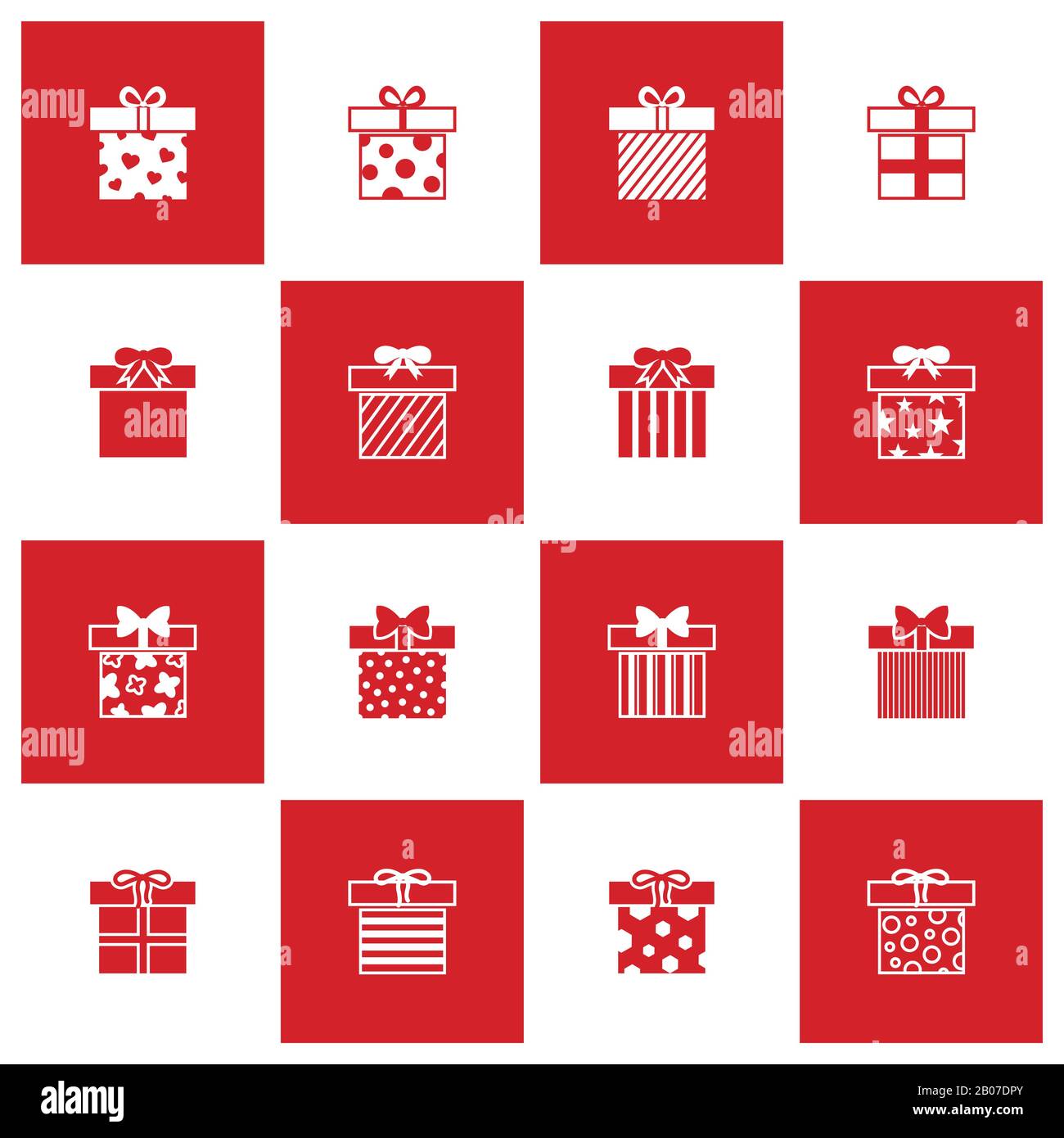 Weihnachtsgeschenkboxen in rot-weißer Farbe. Symbole für Vektorgrafiken festgelegt Stock Vektor