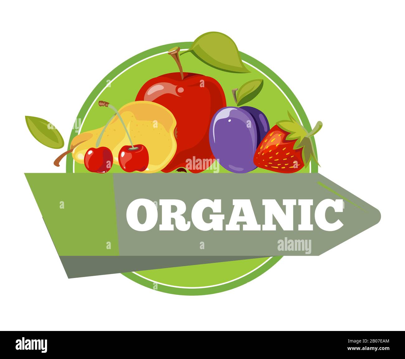 Natürliche organische Früchte mit grünen Blättern Logo, Etikett, Badge-Vorlage. Vektorgrafiken Stock Vektor
