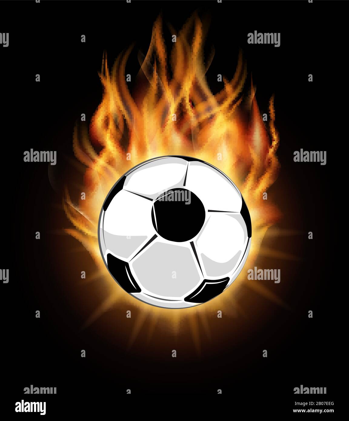 Brennender Fußballball isoliert über schwarzem Hintergrund. Ball im Feuer- und Fußballtor, Vektorgrafiken Stock Vektor