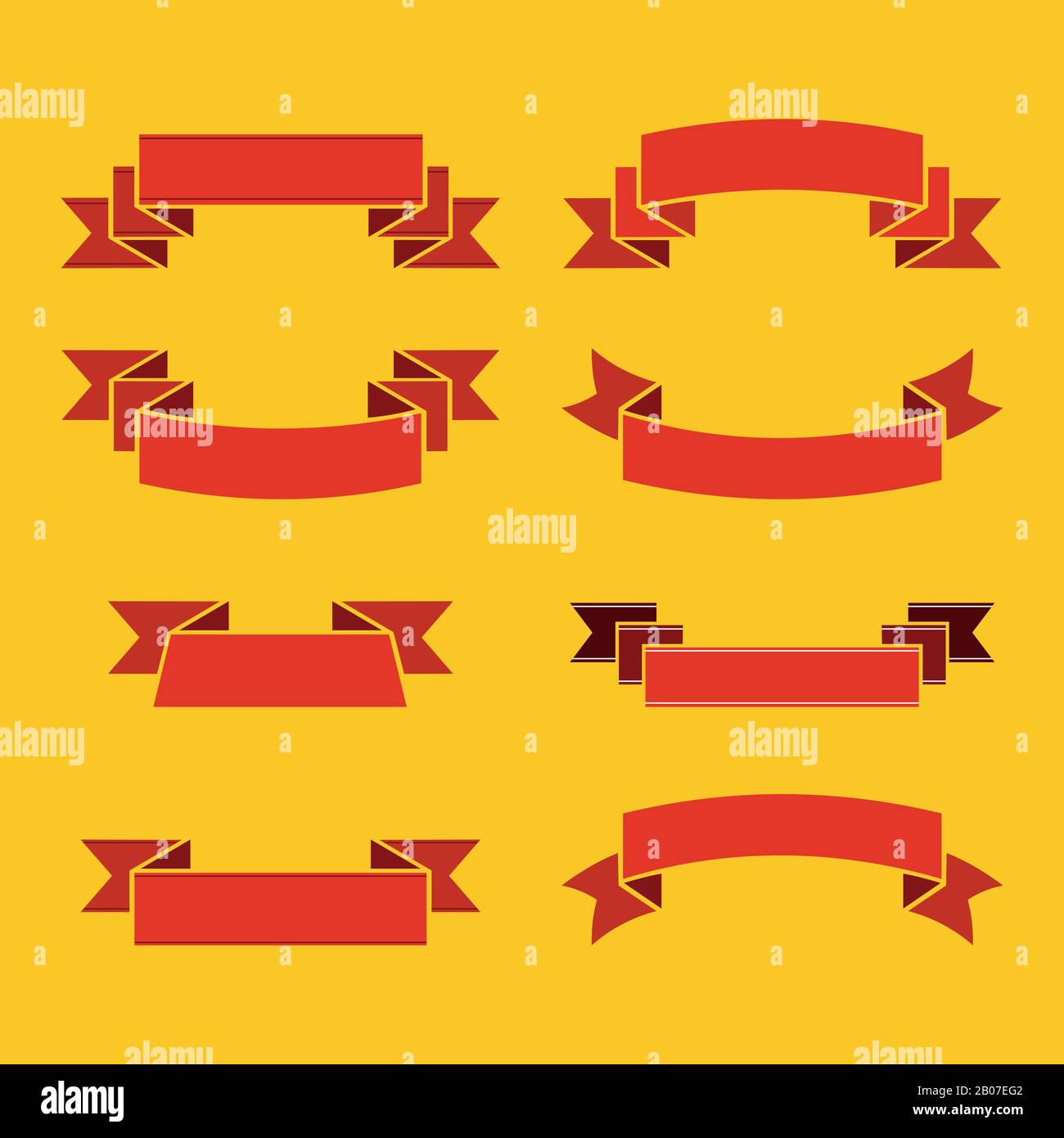 Rote Farbbänder für Beschriftung und Beschriftung auf gelbem Hintergrund. Dekoration für Feier und Urlaub. Vektorgrafiken Stock Vektor