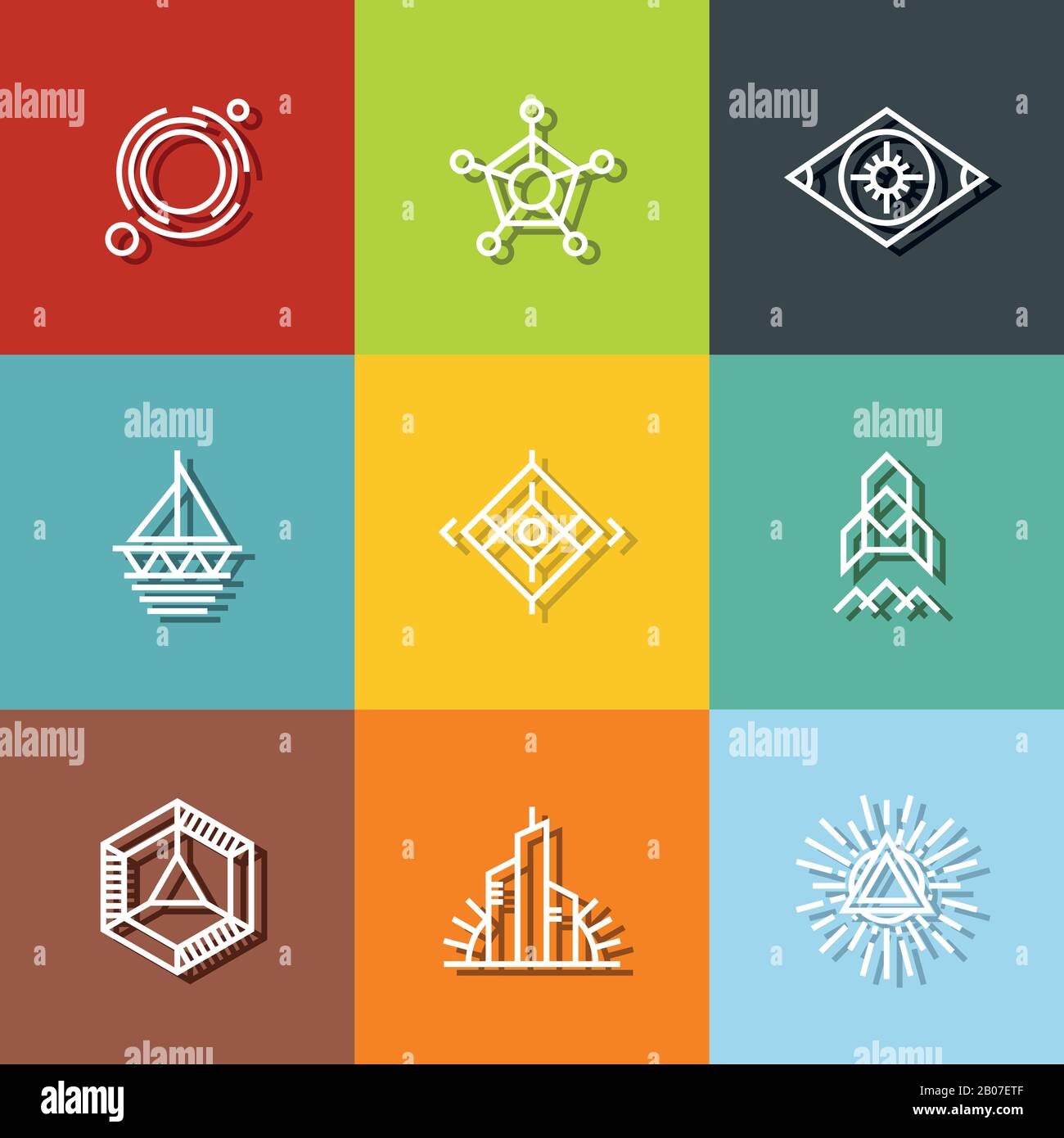 Minimaler geometrischer Vintage-Weiß-Aufkleber auf Farbhintergrund mit dunklem Schatten. Vektorgrafiken Stock Vektor