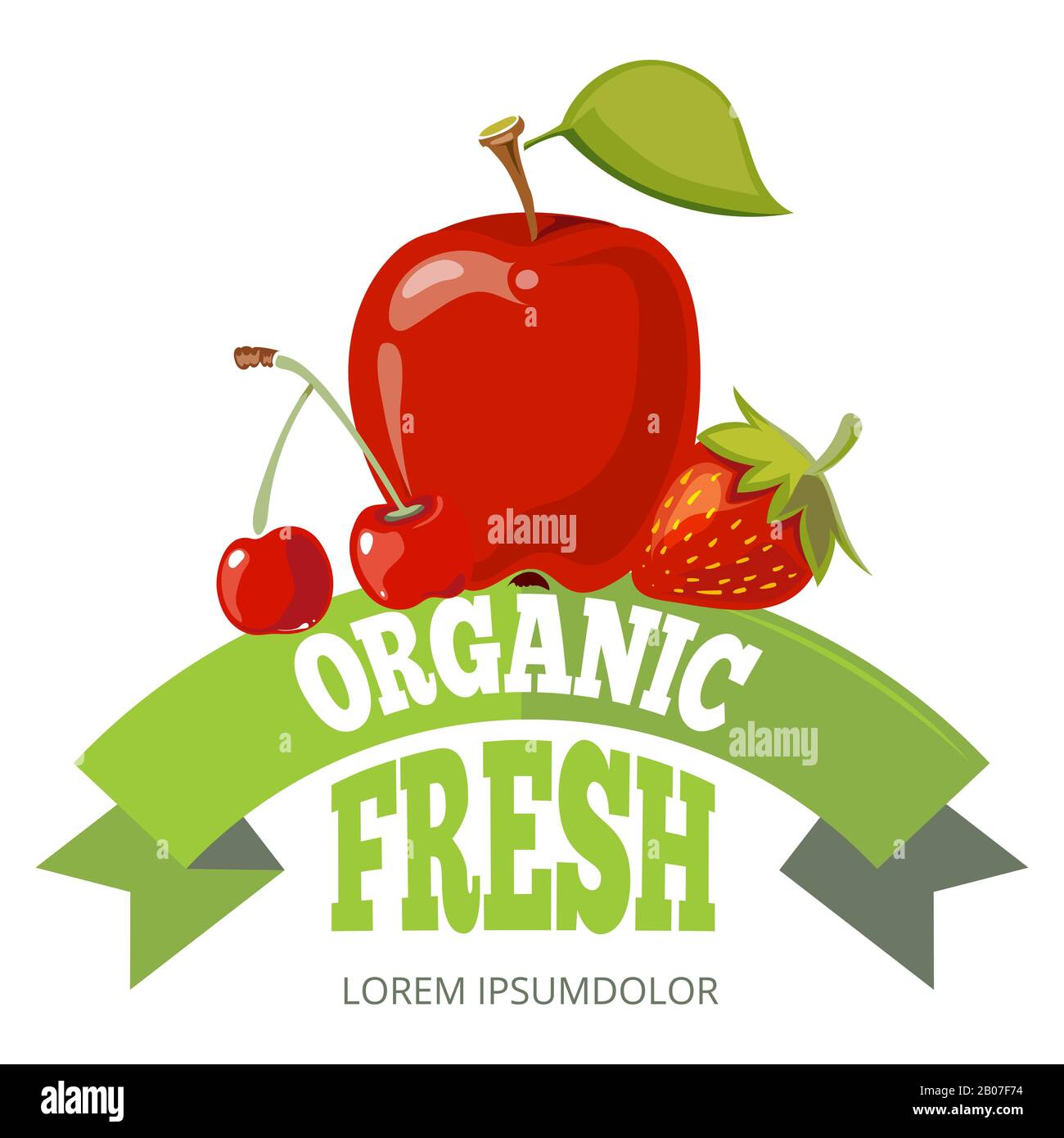 Logo, Etikett, Emblem für frisches Obst aus biologischem Anbau. Natürliche Lebensmittel für das Leben im Gesundheitswesen. Vektorgrafiken Stock Vektor