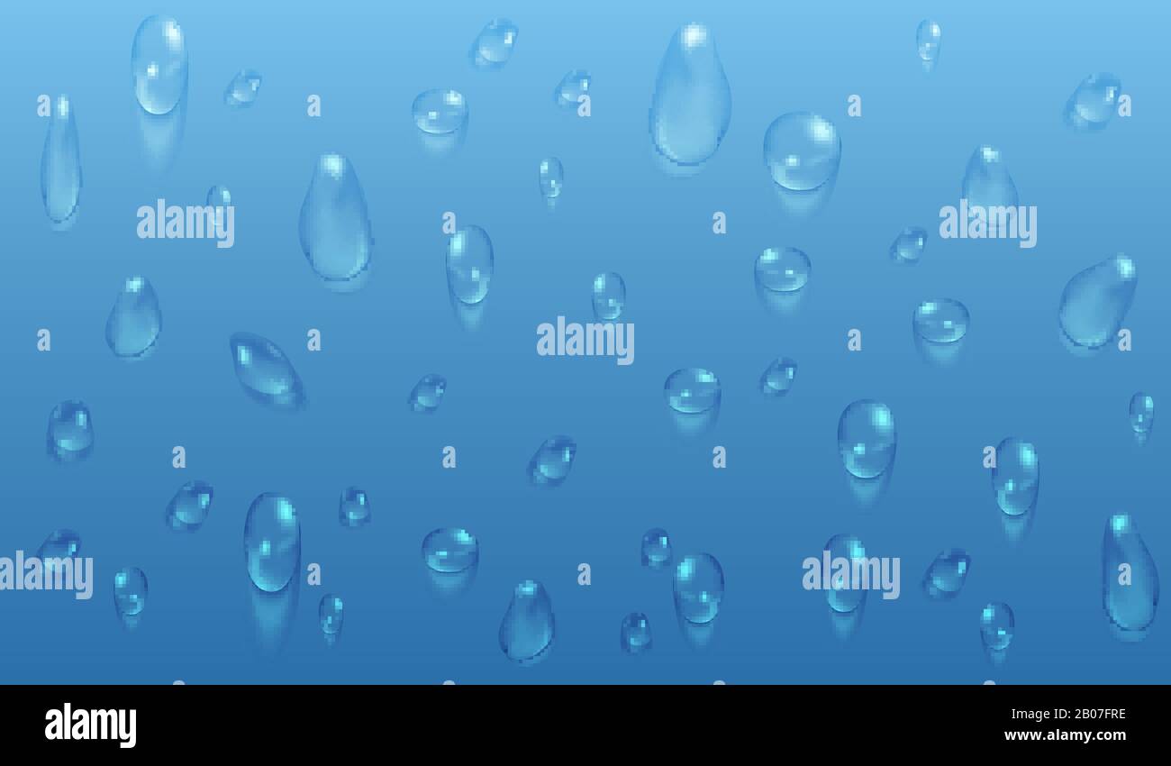 Transparentes Wasser lässt den blauen Vektorhintergrund fallen. Nasse Tropfen natürliche Abbildung Stock Vektor