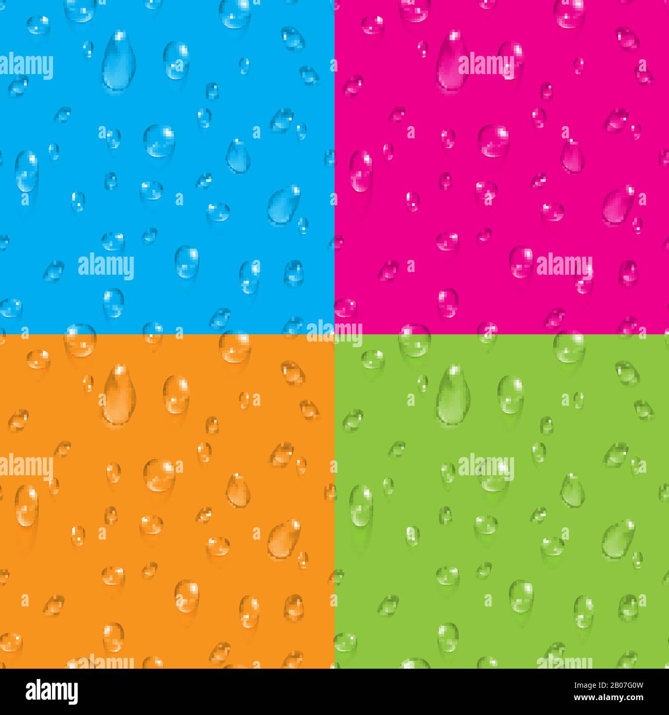 Satz durchsichtiger Wassertropfen auf farbigem Hintergrund Vektor nahtlose Hintergründe Abbildung Stock Vektor