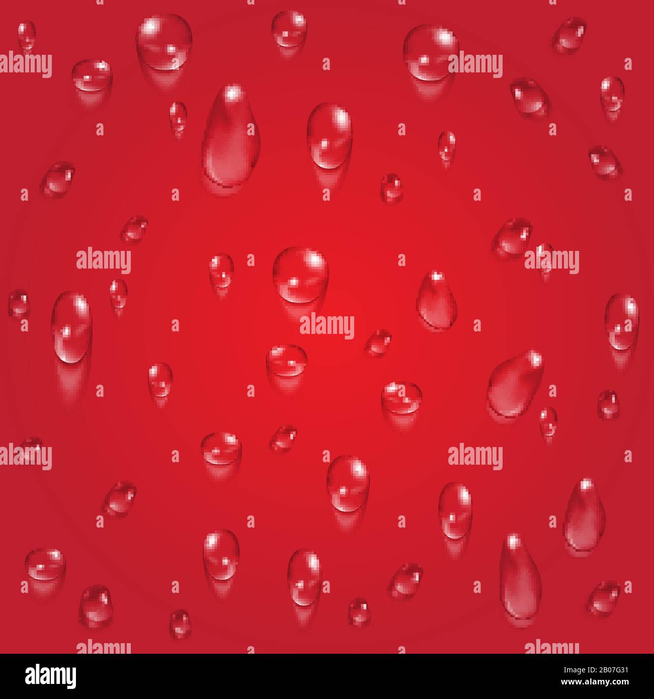 Helles rotes transparentes Wasser lässt den Vektorhintergrund fallen. Abbildung: Regentropfen Stock Vektor