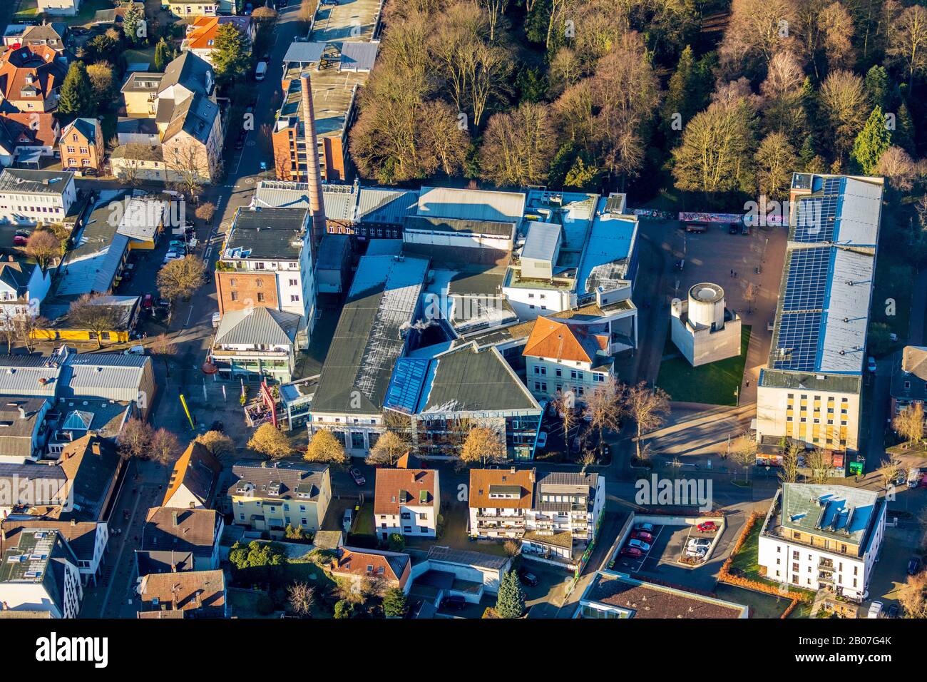 Luftbild, Lindenbrauerei e. V. Kultur- und Kommunikationszentrum, Museum, ZENTRUM FÜR INTERNATIONALE LICHTKUNST, Volkshochschule Unna - fr Stockfoto