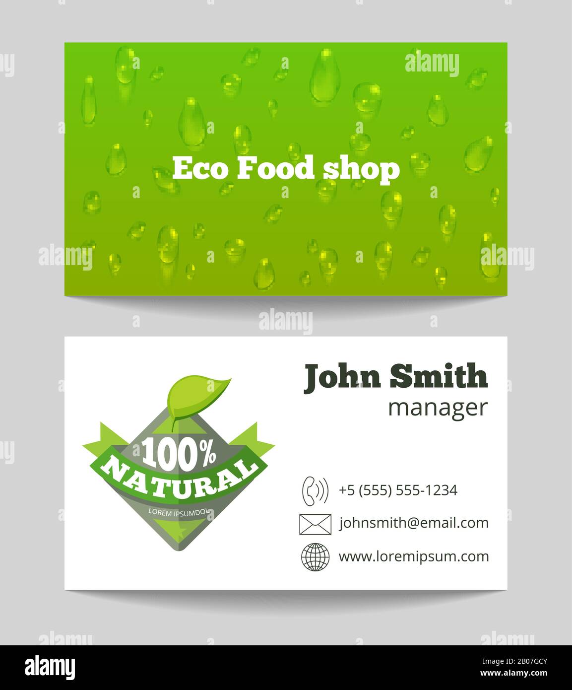 Visitenkarte für umweltfreundlichen Lebensmittelhandel mit ökologischem Grün. Natürliche und frische Produkte. Vektorgrafiken Stock Vektor