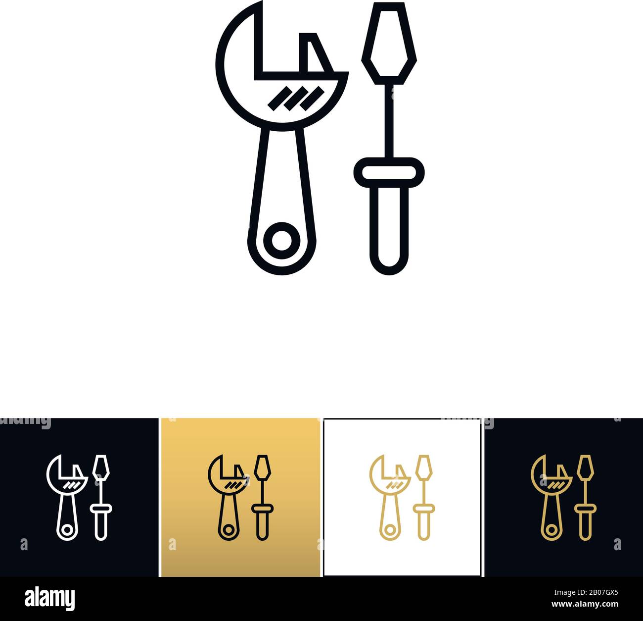 Symbol für das Tools-Logo oder das Vektorsymbol für Industrieanwendungen. Tools-Logo oder Programm für Industrieanlagen auf schwarzem, weißem und goldenem Hintergrund Stock Vektor
