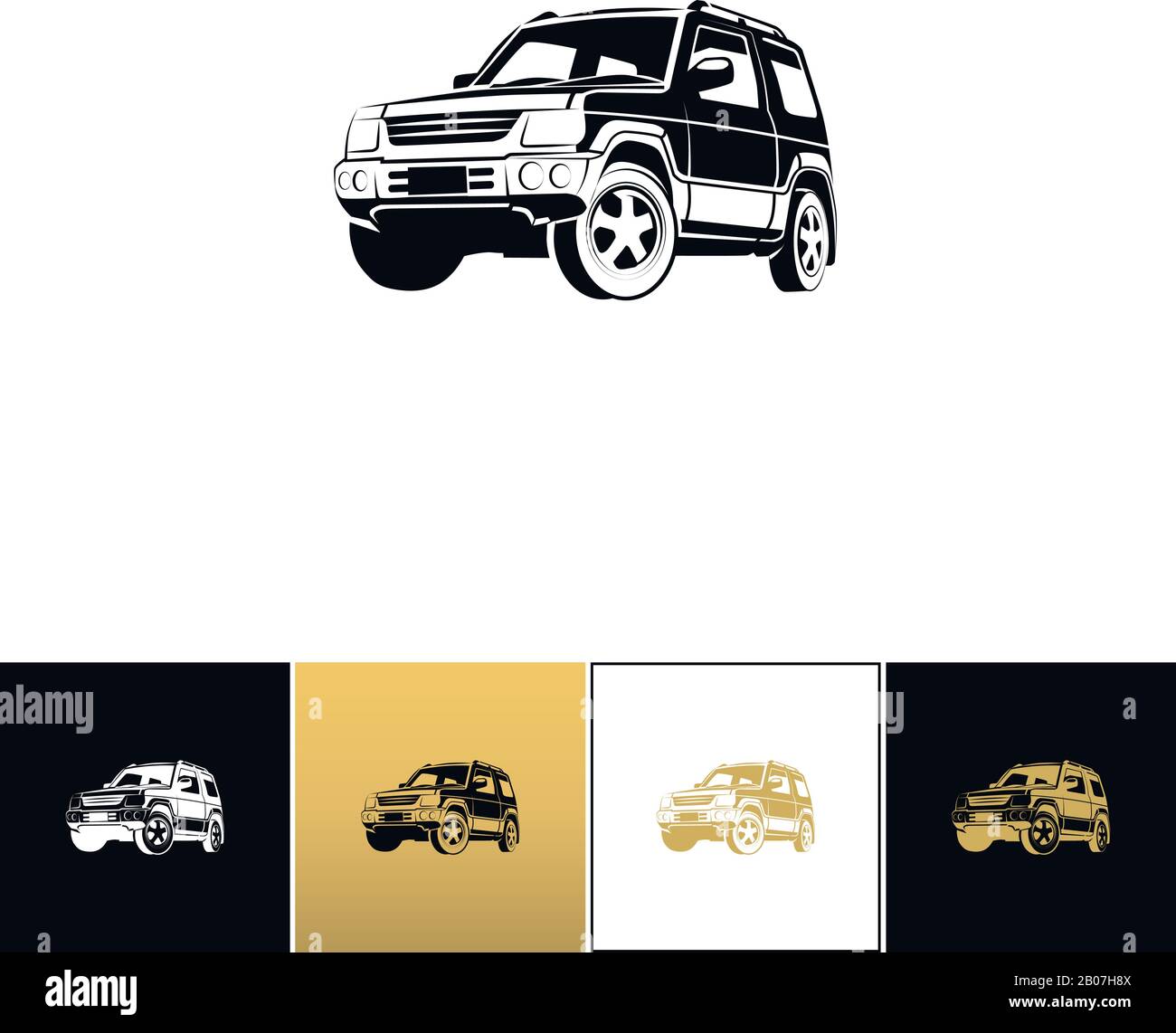 Vektor-Symbol für SUV-Fahrzeuge. SUV-Fahrzeugprogramm auf schwarzem, weißem und goldenem Hintergrund Stock Vektor
