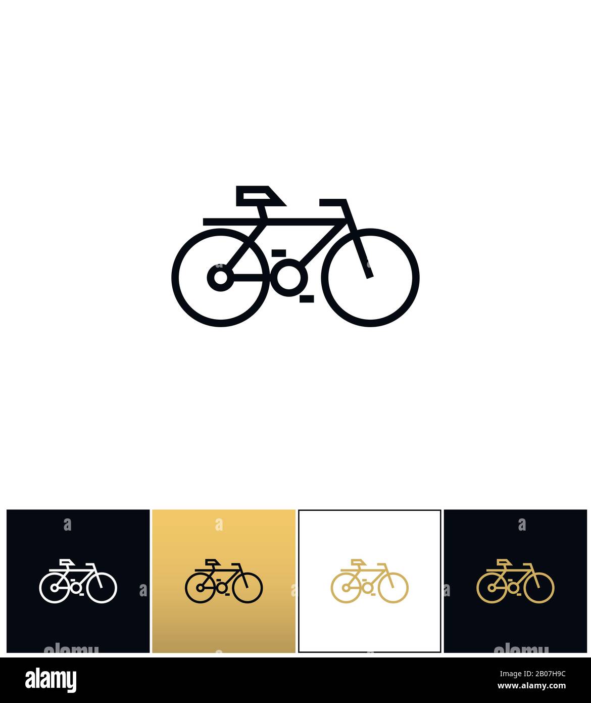 Symbol für Fahrradlinie oder Vektorsymbol für Fahrgeschwindigkeit auf dem Fahrrad. Bicycle Line Symbol oder Travel Velocity Bike Umriss Piktogramm auf schwarzem, weißem und goldenem Hintergrund Stock Vektor